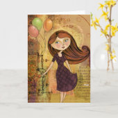 気球の女の子のデジタルコラージュのブランクの挨拶状 カード (黄色い花)