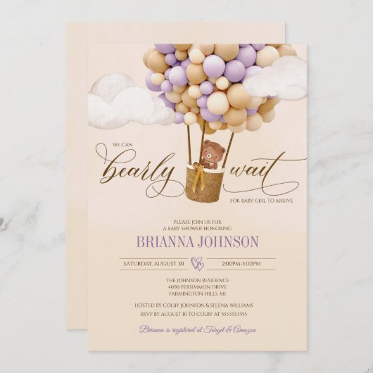 気球の女の子の赤ちゃんシャワーを浴びるのを早く待つことができる 招待状 (正面/裏面)