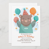 気球の招待状を持つ誕生日くま 招待状 (正面/裏面)