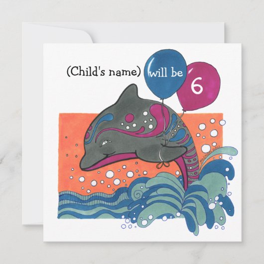 気球の第6誕生日の招待のイルカ 招待状 (正面)