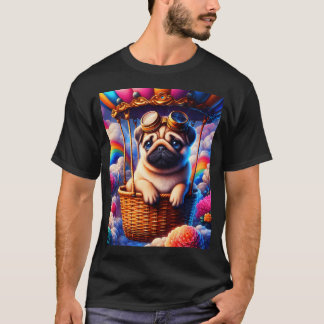 気球の籐かごに入ったキュートなスチームパンクのパグ Tシャツ