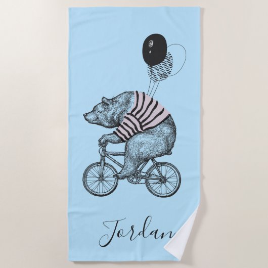 気球の自転車くまは|あなたの名前を加えます ビーチタオル (正面)