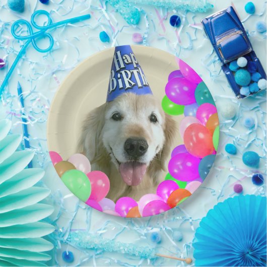 気球の誕生日のゴールデン・リトリーバー犬 ペーパープレート (パーティー)