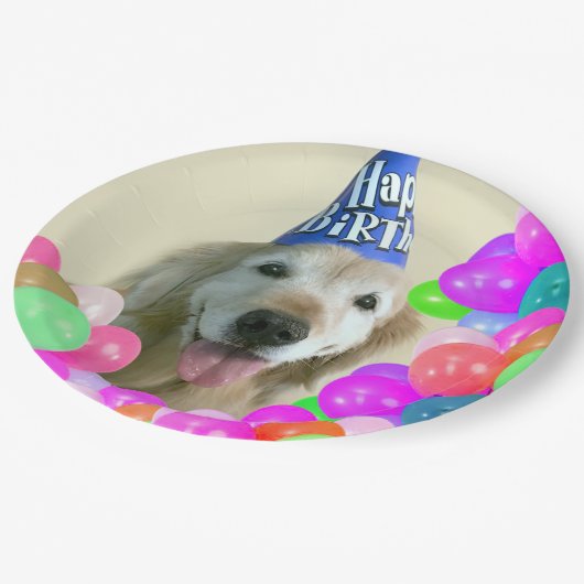 気球の誕生日のゴールデン・リトリーバー犬 ペーパープレート (アングル)