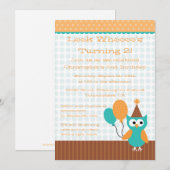 気球の誕生日のパーティの招待状を握っているおもしろいのフクロウ 招待状 (正面/裏面)