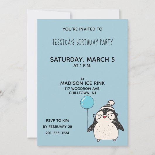 気球の誕生日会を開パーソナライズされた催したペンギン 招待状 (正面)