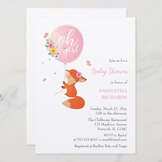 気球の誘い飛んでいるで可愛いキツネ 招待状 (正面/裏面)