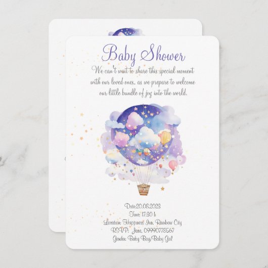 気球の赤ちゃんシャワーの招待状。新生児パーティー セーブザデート (正面/裏面)