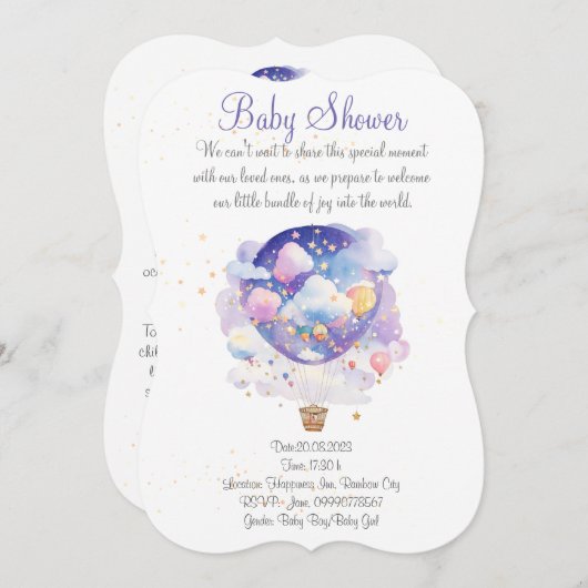 気球の赤ちゃんシャワーの招待状。新生児パーティー 招待状 (正面/裏面)