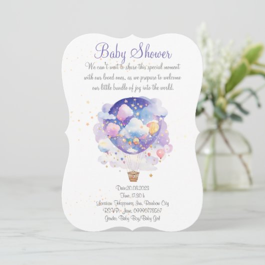 気球の赤ちゃんシャワーの招待状。新生児パーティー 招待状 (スタンド正面)
