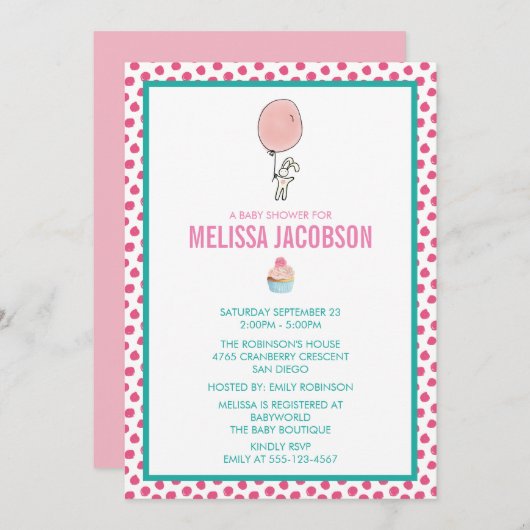 気球の赤ちゃんシャワーを持つ小さなバニー 招待状 (正面/裏面)