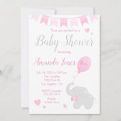 気球の赤ちゃんシャワーガールと可愛い象 招待状 (正面)