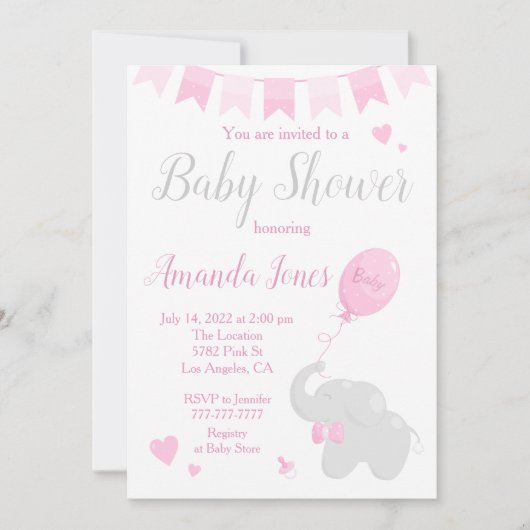 気球の赤ちゃんシャワーガールと可愛い象 招待状 (正面)