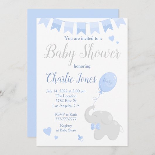 気球の赤ちゃんシャワー少年のかわいい象 招待状 (正面/裏面)
