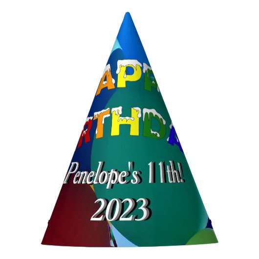 気球の青および緑の虹のハッピーバースデー パーティーハット (正面)