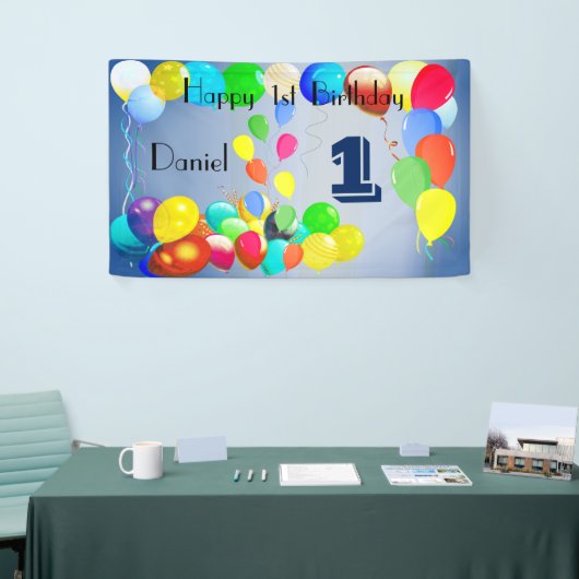 気球はパーソナライズで幸せな第1誕生日を設計します 横断幕 (トレードショー)