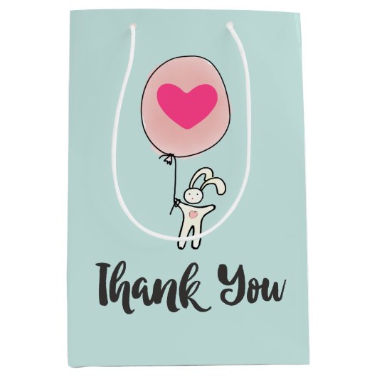気球を持ったかわいいバニーハートありがとう ミディアムペーパーバッグ (正面)