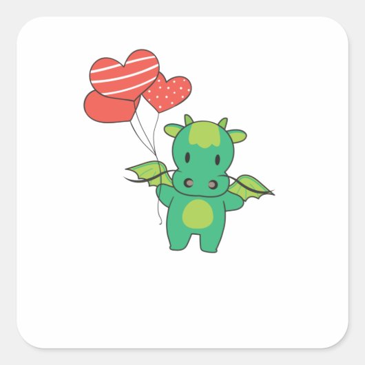 気球を持つかわいい動物たちをハートにドラゴン スクエアシール (正面)