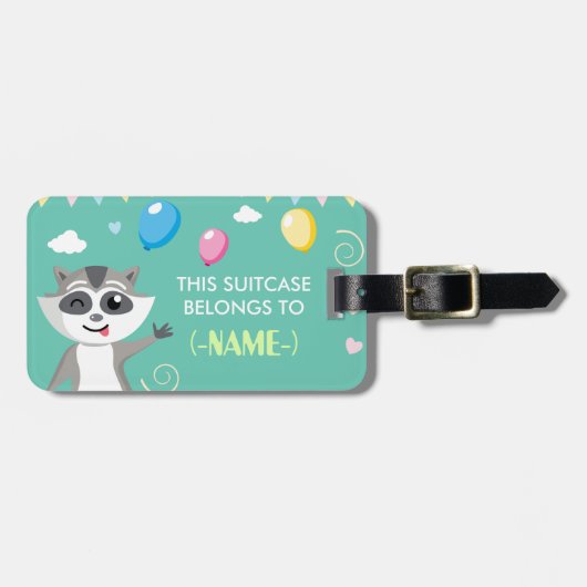 気球を持つかわいくよくはしゃぐでおもしろいなアライグマ ラゲッジタグ (正面横)