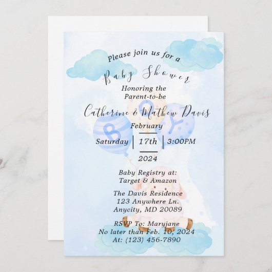 気球を持つ男の子の甘いベビーの子羊の招待 招待状 (正面/裏面)