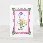 気球を握っているハッピーバースデーカード小さな女の子 カード (正面)