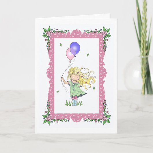 気球を握っているハッピーバースデーカード小さな女の子 カード (正面)