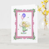気球を握っているハッピーバースデーカード小さな女の子 カード (黄色い花)