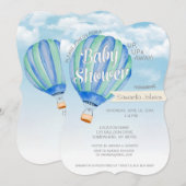 気球ベイビーシャワー - 青と緑の男の子 招待状 (正面/裏面)