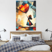 気球モダンを持つ女の子のキュービズム キャンバスプリント (インサイチュ (寝室))