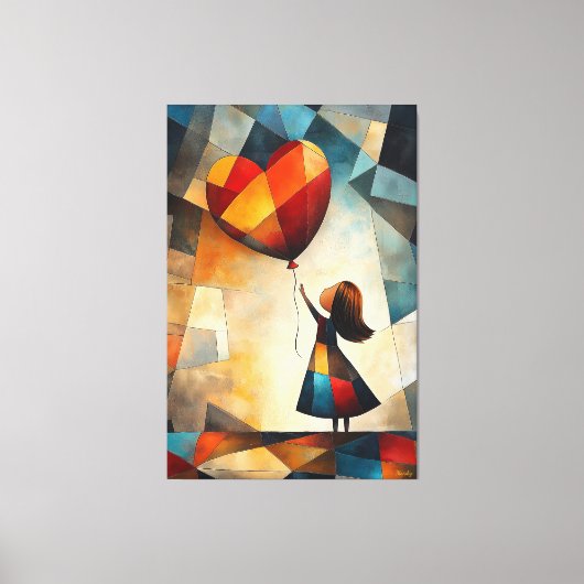 気球モダンを持つ女の子のキュービズム キャンバスプリント (正面)