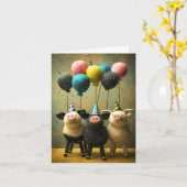 気球付きフェルト豚誕生日カード カード (黄色い花)