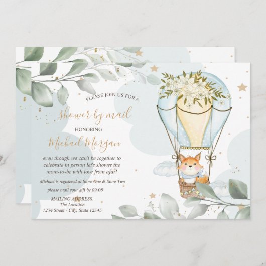 気球、キツネ、雲、星、ベビーシャワー（郵便） 招待状 (正面/裏面)