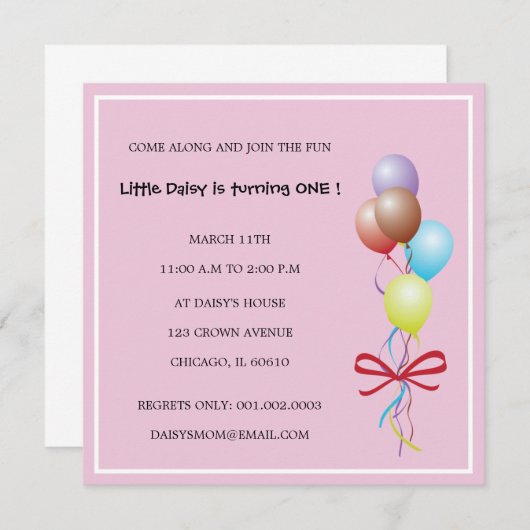 気球-ピンクの誕生日の招待状の束 招待状 (正面/裏面)