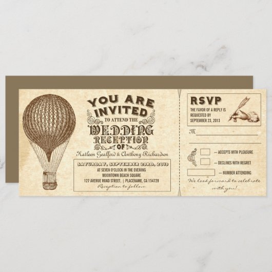 気球 ヴィンテージ タイポグラフィー 結婚式の披露宴 招待状 (正面/裏面)