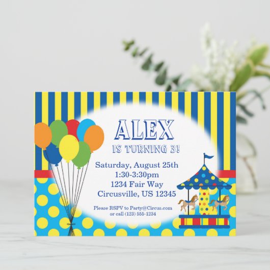 気球、回転木馬、カーニバルのサーカスの誕生会 招待状 (スタンド正面)