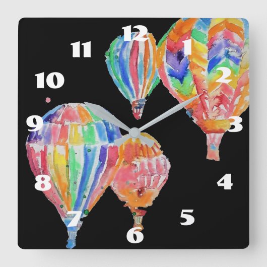気球 水彩画 ブラック ぬりえ 子ども部屋 スクエア壁時計 (正面)