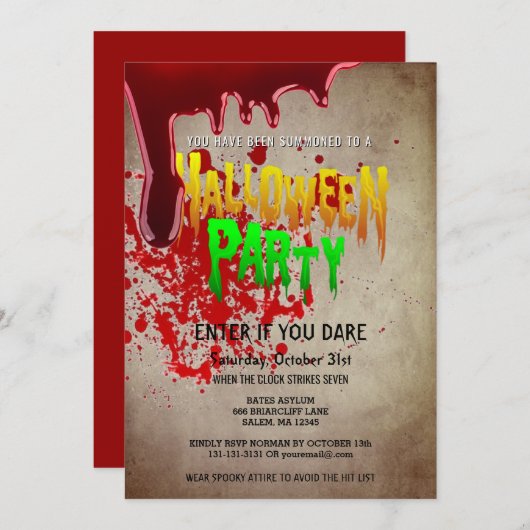 気色悪いハローウィンパーティの血のヴィンテージの紙 招待状 (正面/裏面)