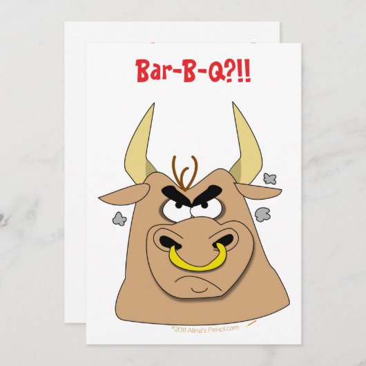 気違いのBullのおもしろいなバーベキューのパーティの招待状のテンプレート 招待状 (正面/裏面)