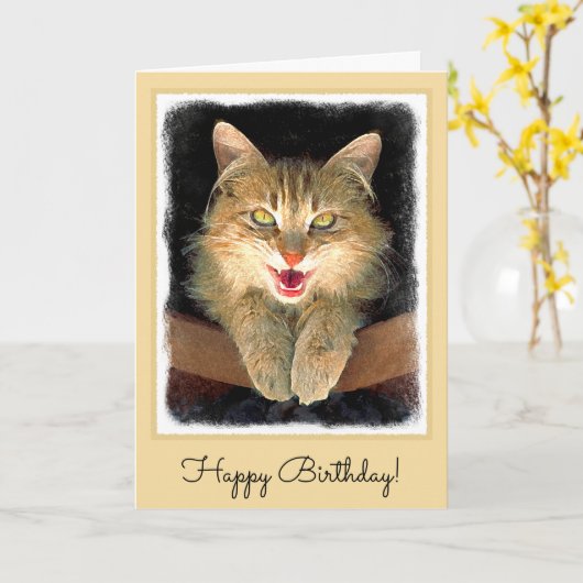 気違い猫の絵画-かわいい元の猫の芸術 カード (黄色い花)