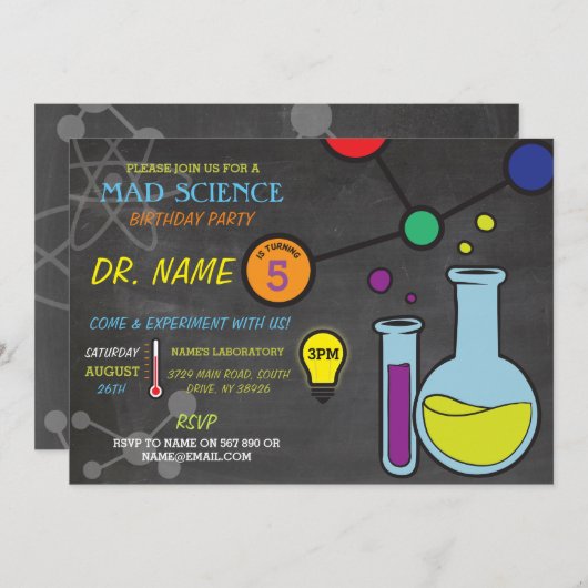 気違い科学の男の子の女の子のバースデーパーティ招待状 招待状 (正面/裏面)