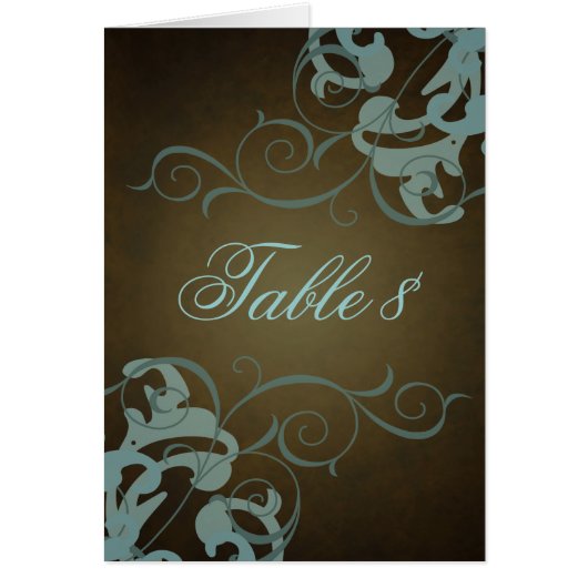 気高いティール(緑がかった色)及びブラウンスクロールテーブルカード (正面)