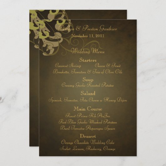 気高い金ゴールドスクロールブラウンの結婚式メニュー メニュー (正面/裏面)