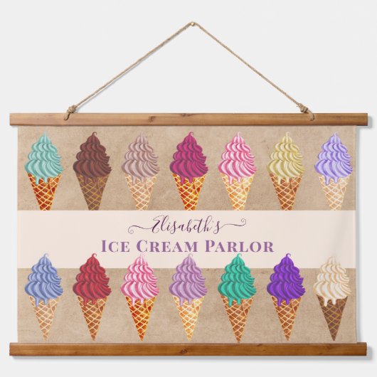 水おもしろいカラフル色ヴィンテージアイスクリームパーラー 吊り下げ型タペストリー (正面)