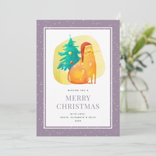 水おもしろい色キャットパープルメリークリスマスカード シーズンカード (スタンド正面)