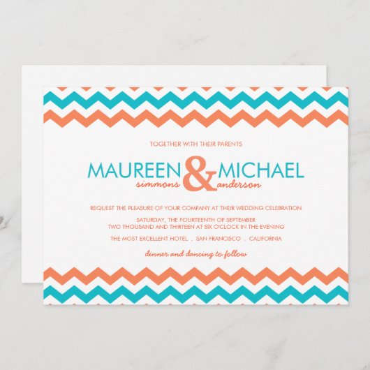 水および珊瑚のシェブロンのジグザグ形の結婚式招待状 招待状 (正面/裏面)