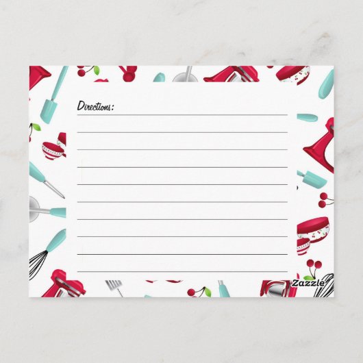 水および赤い台所小道具のレシピカード ポストカード (裏面)