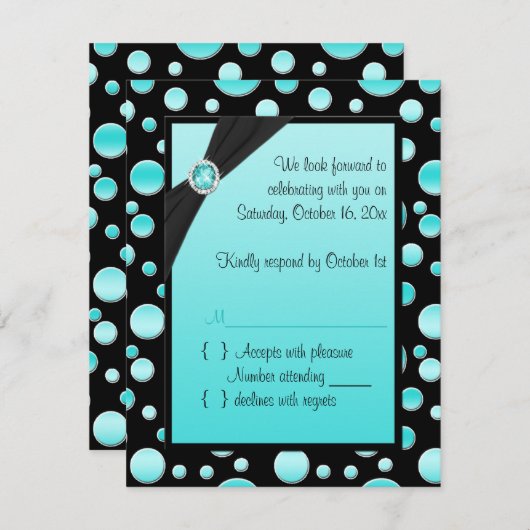 水および黒い水玉模様RSVPカード 出欠カード (正面/裏面)