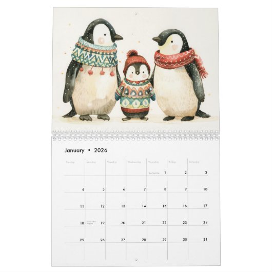 水お洒落色の動物カラフル カレンダー (1月 2026)
