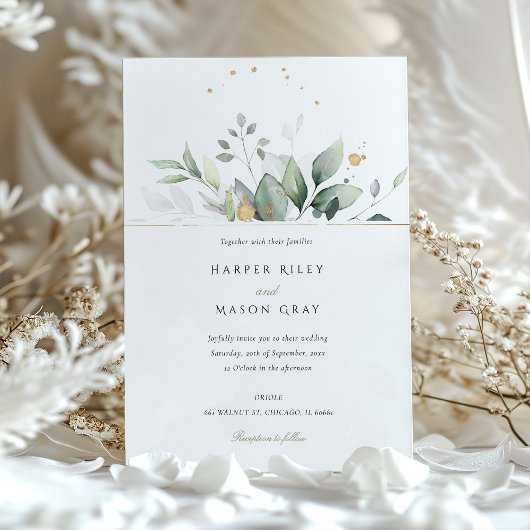 水お洒落色の緑と金ゴールドの結婚葉 招待状