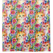 水お洒落色の花と猫カラフル シャワーカーテン (正面)